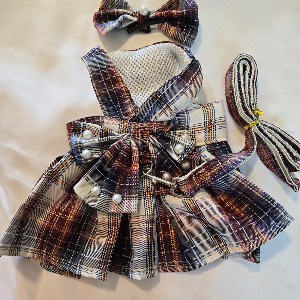 Plaid Dog Dress with Bow and Leash
